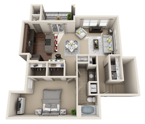 A 3D floor plan of a house showing a kitchen, living room, dining room, and bathroom.